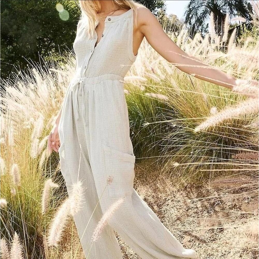 free people | cream off the grid waffle knit women's jumpsuit sz XL
